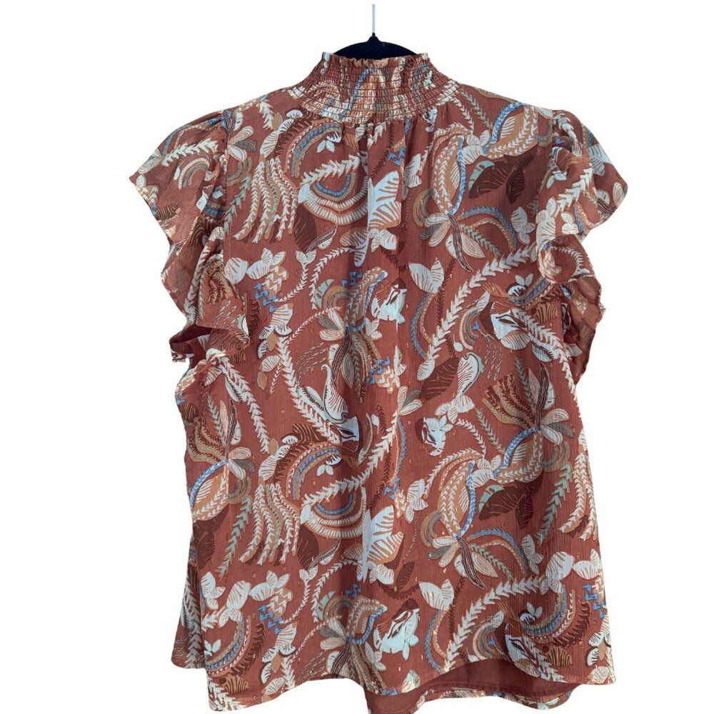 Joie Burnt Orange Floral Flutter Sleeve Smocked Mock Neck Top Women's Medium - Picture 4 of 8